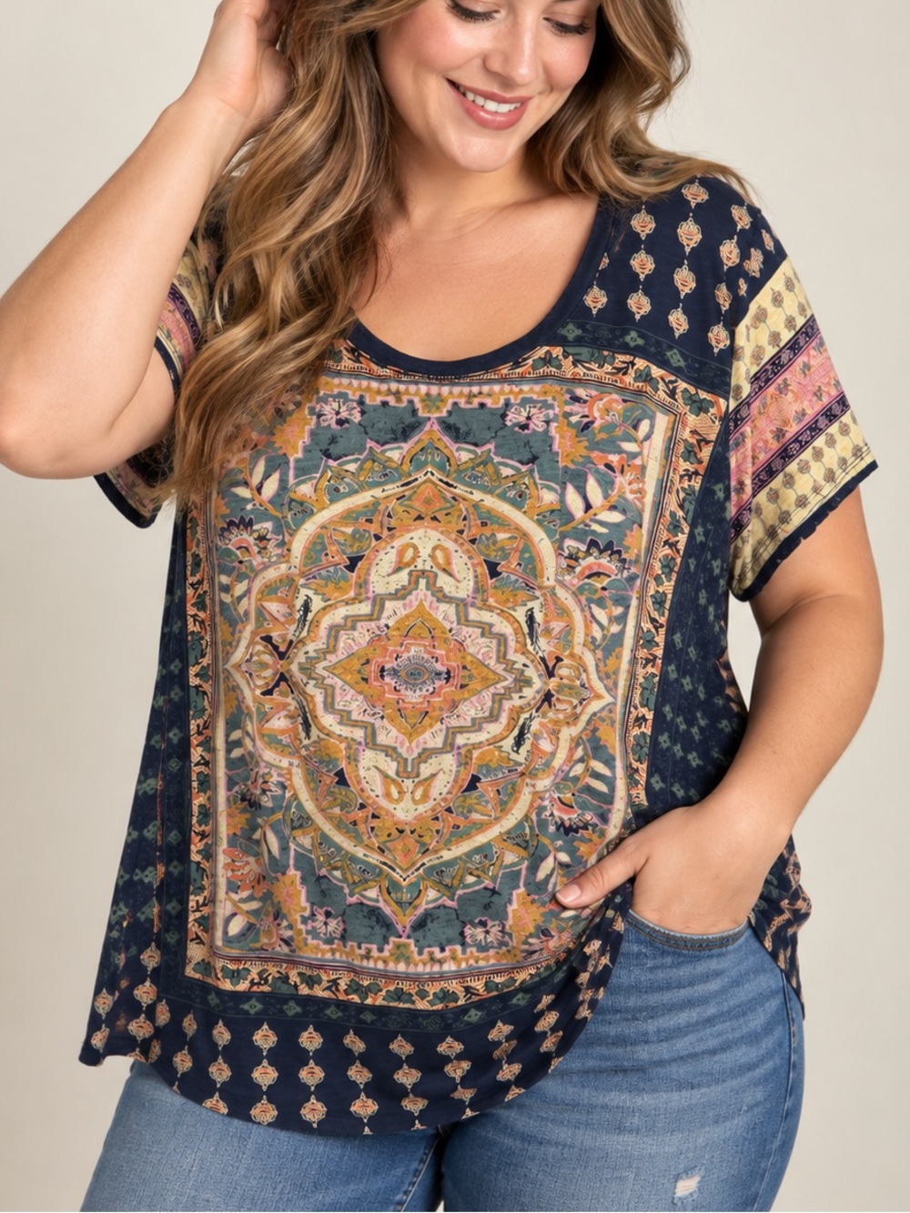 Lucky Brand 2X Navy Boho Paisley Medallion Print Short Sleeve Top